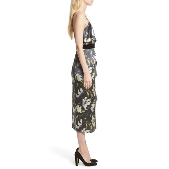 CINQ A SEPT Leena Floral Silk Charmeuse Ruffle Velvet Midi Sheath Dress, Size 2 - Picture 3 of 16